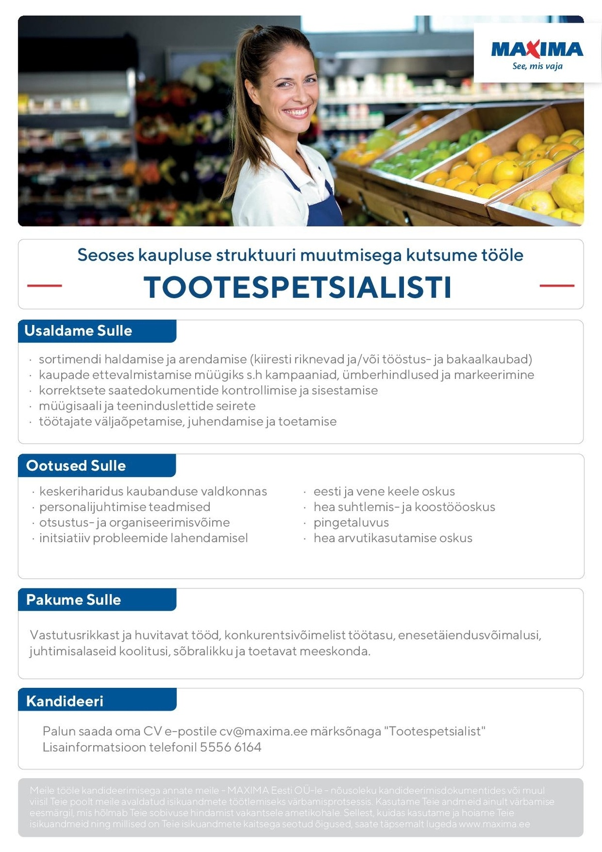 Maxima Eesti OÜ Tootespetsialist Tartu Maximas