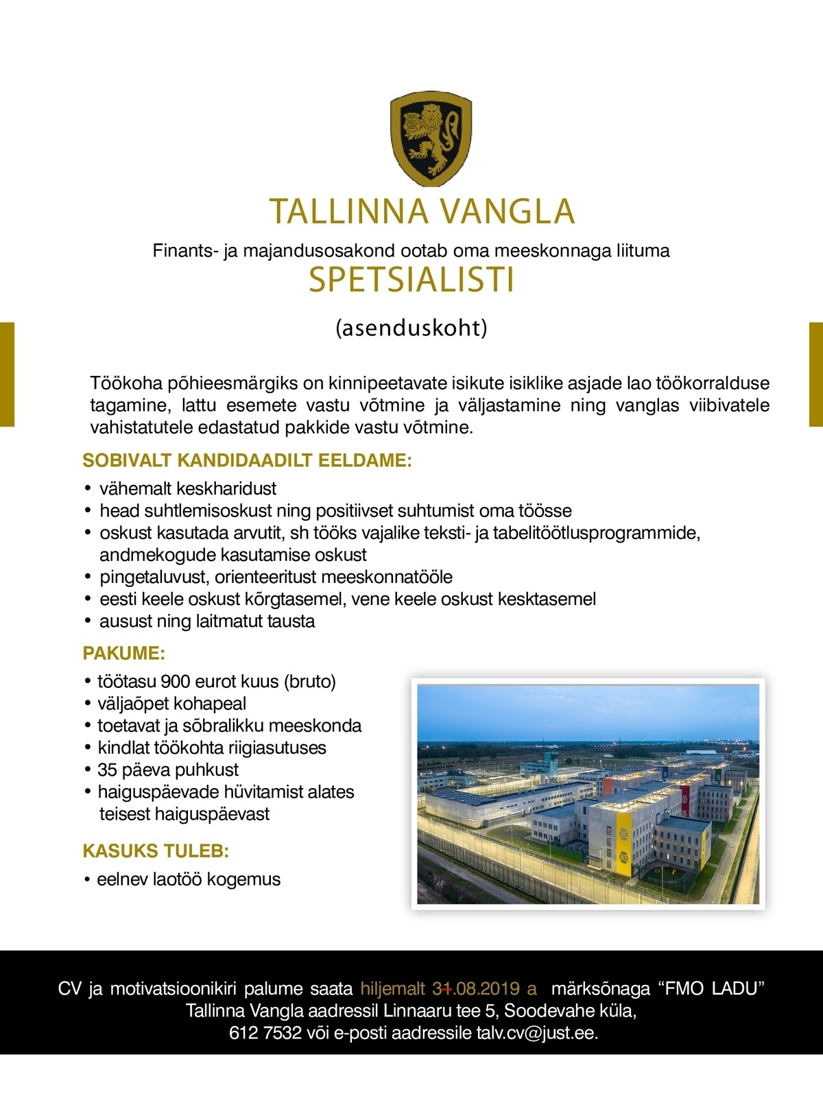 Tallinna Vangla Finants- ja majandusosakonna spetsialist (asenduskoht)