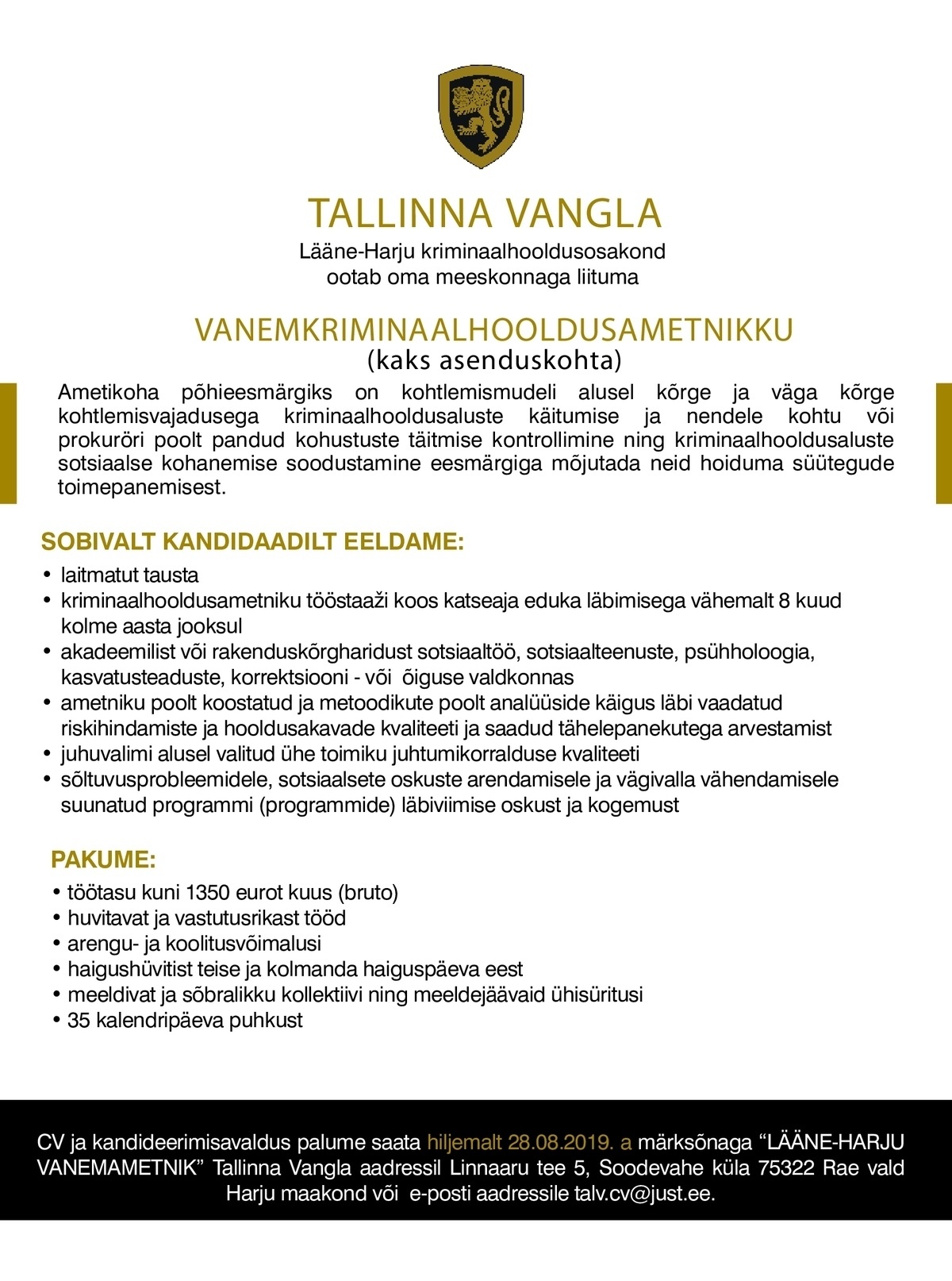 Tallinna Vangla Lääne-Harju Vanemkriminaalhooldusametnik (Asenduskoht)