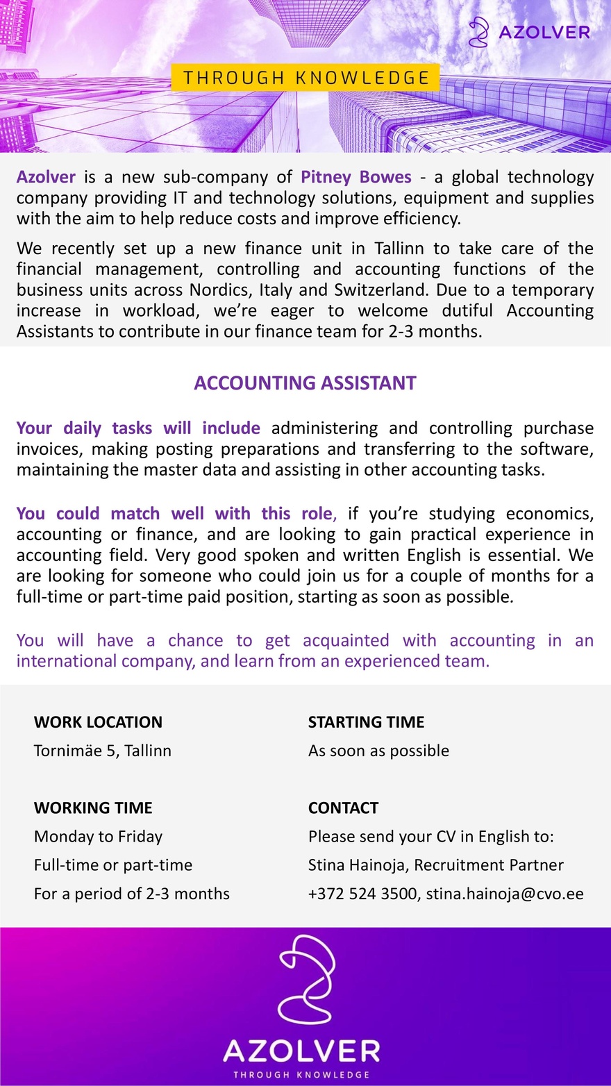 Azolver Eesti Accounting Assistant (flexible time, temporary role for 2-3 months)