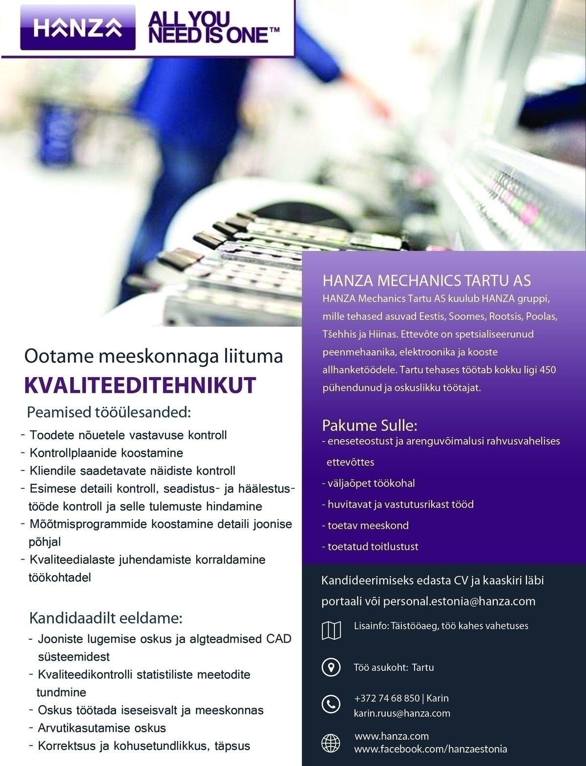 HANZA Mechanics Tartu AS Kvaliteeditehnik