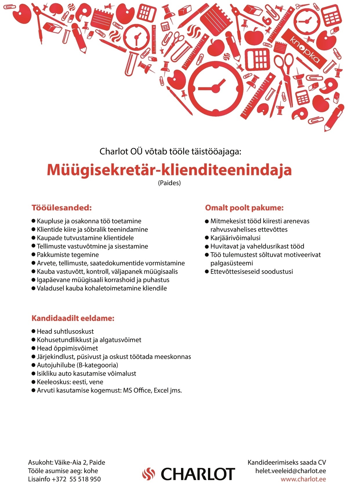 Charlot OÜ Paide osakonna müügisekretär-klienditeenindaja
