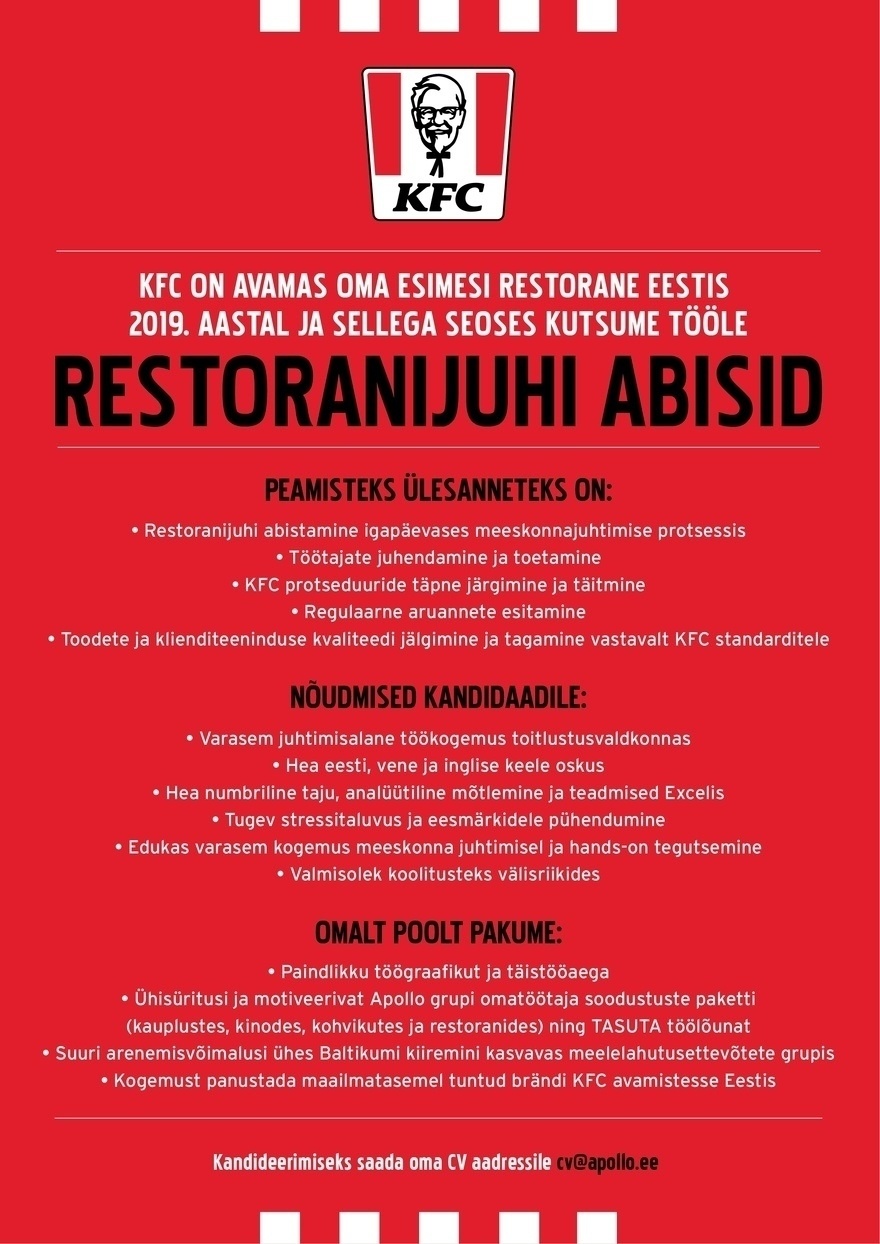 APL Fresh Food OÜ KFC kutsub meeskonda RESTORANIJUHI ABISID
