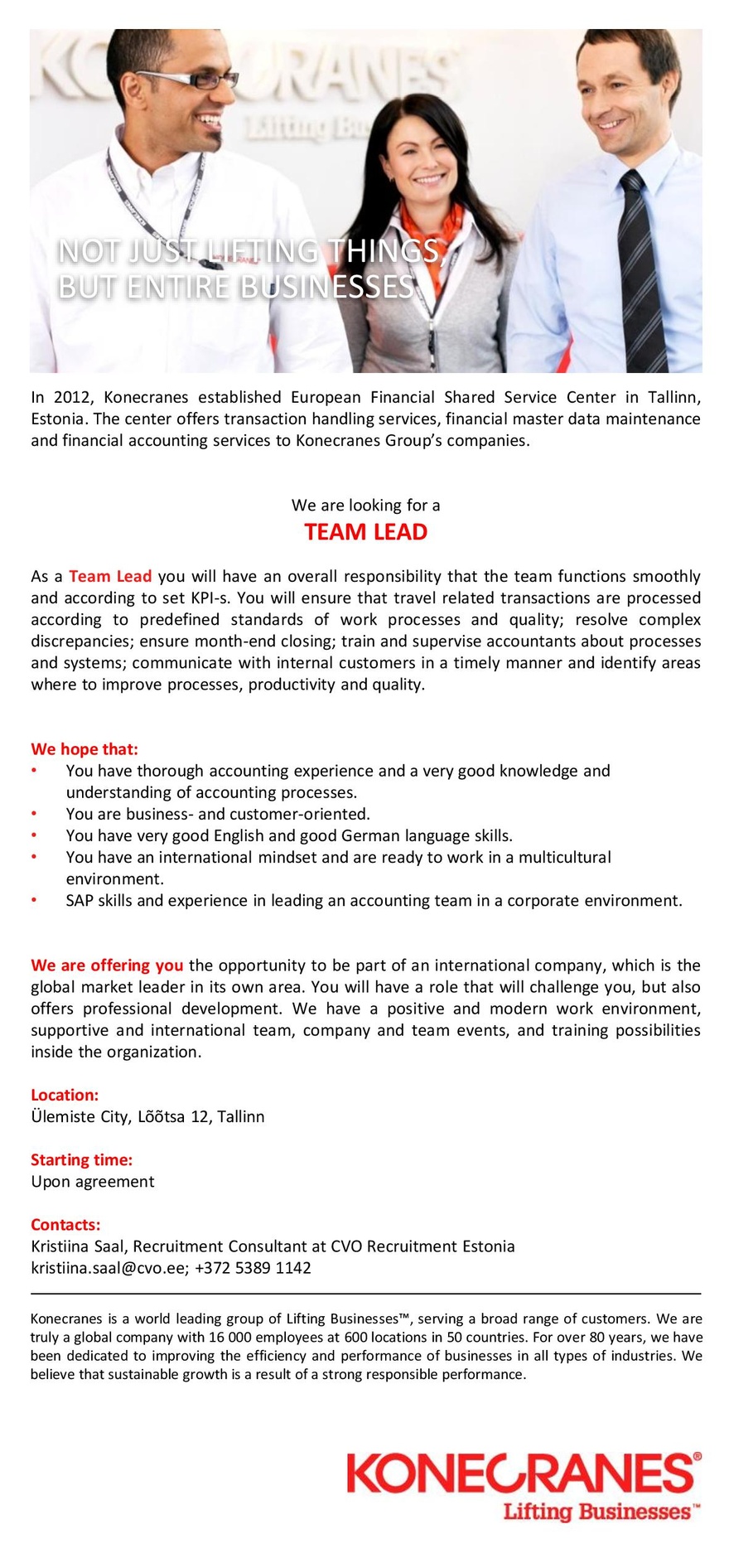 Konecranes OÜ Travel Team Lead