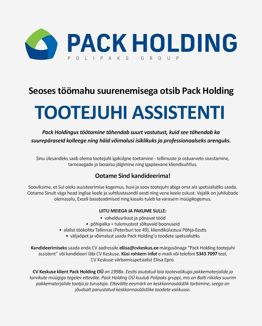 Pack Holding OÜ Tootejuhi assistent