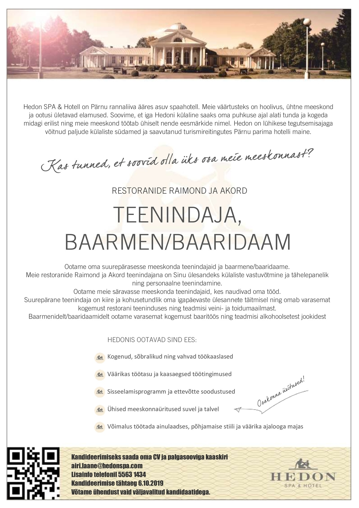 Supeluse Hotell OÜ Hedon SPA & HOTEL Teenindaja, baarmen/baaridaam