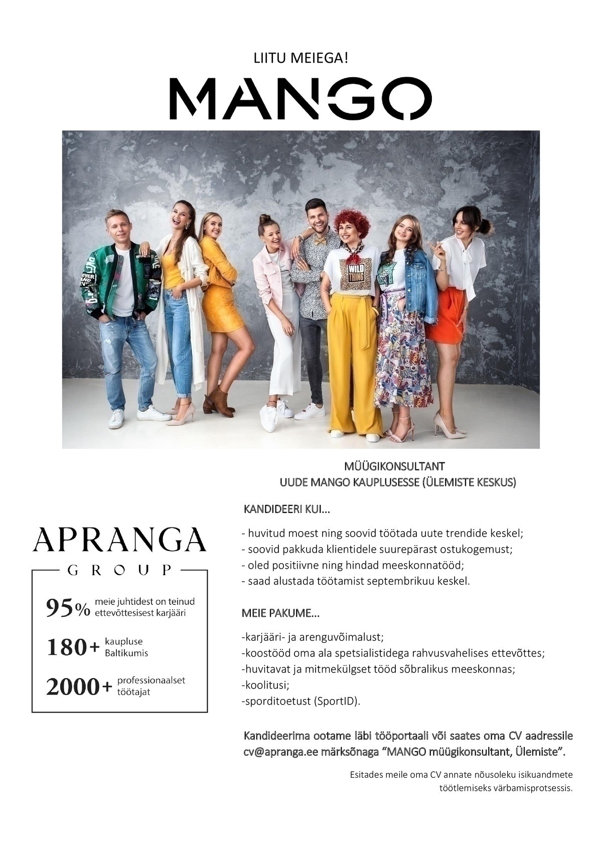 Apranga Estonia OÜ Müügikonsultant varsti avatavasse MANGO kauplusesse (Ülemiste keskus)