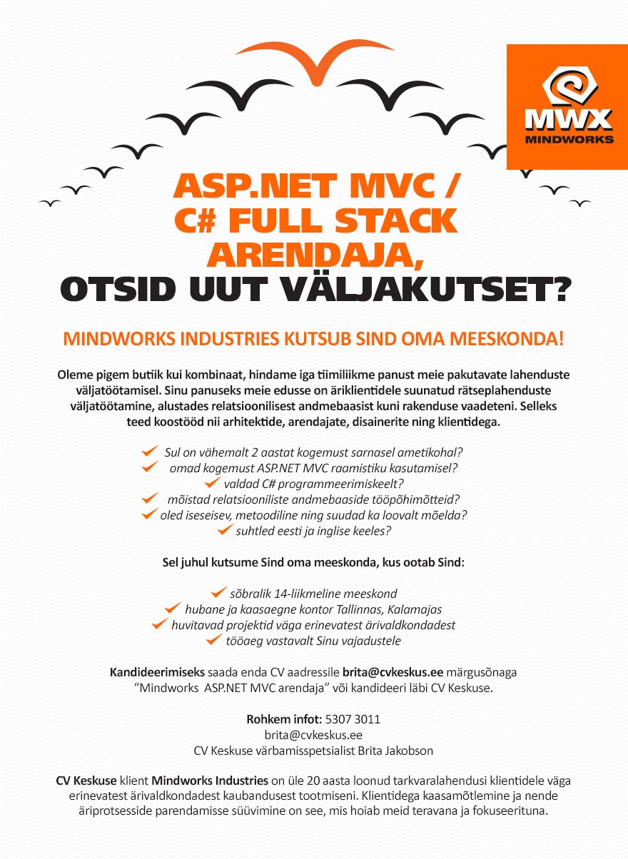 MINDWORKS INDUSTRIES OÜ ASP.NET MVC / C# Full stack arendaja