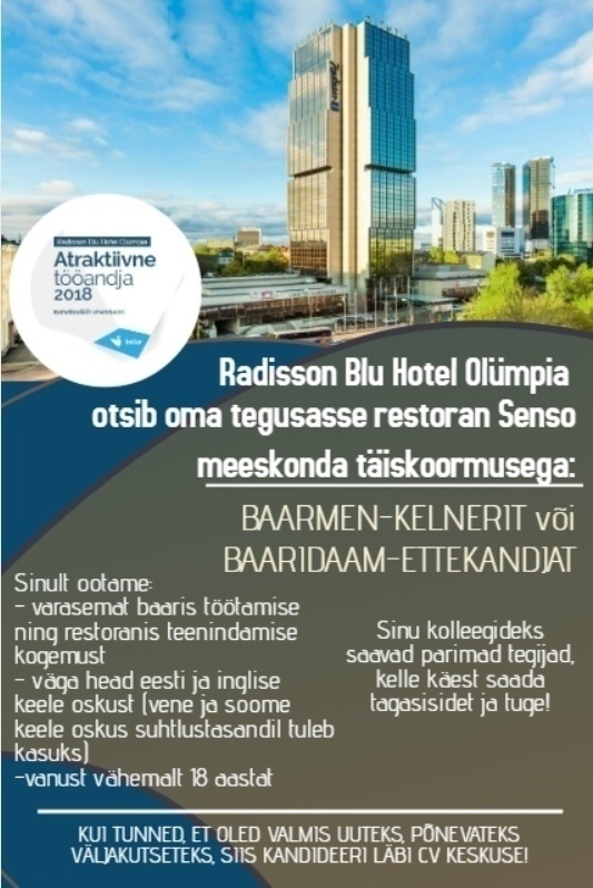 Radisson Blu Hotel Olümpia, Tallinn / Hotell Olümpia AS Baarmen-kelner / Baaridaam-ettekandja