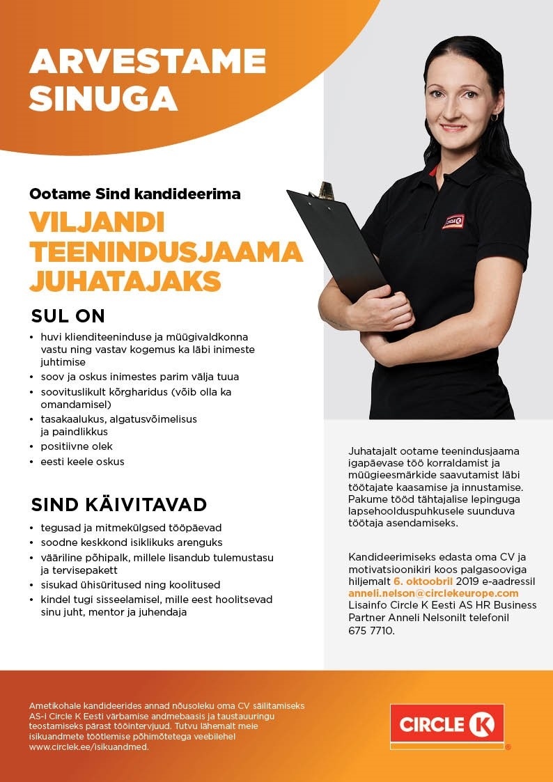 Circle K Eesti AS Juhataja Viljandi piirkonna teenindusjaama