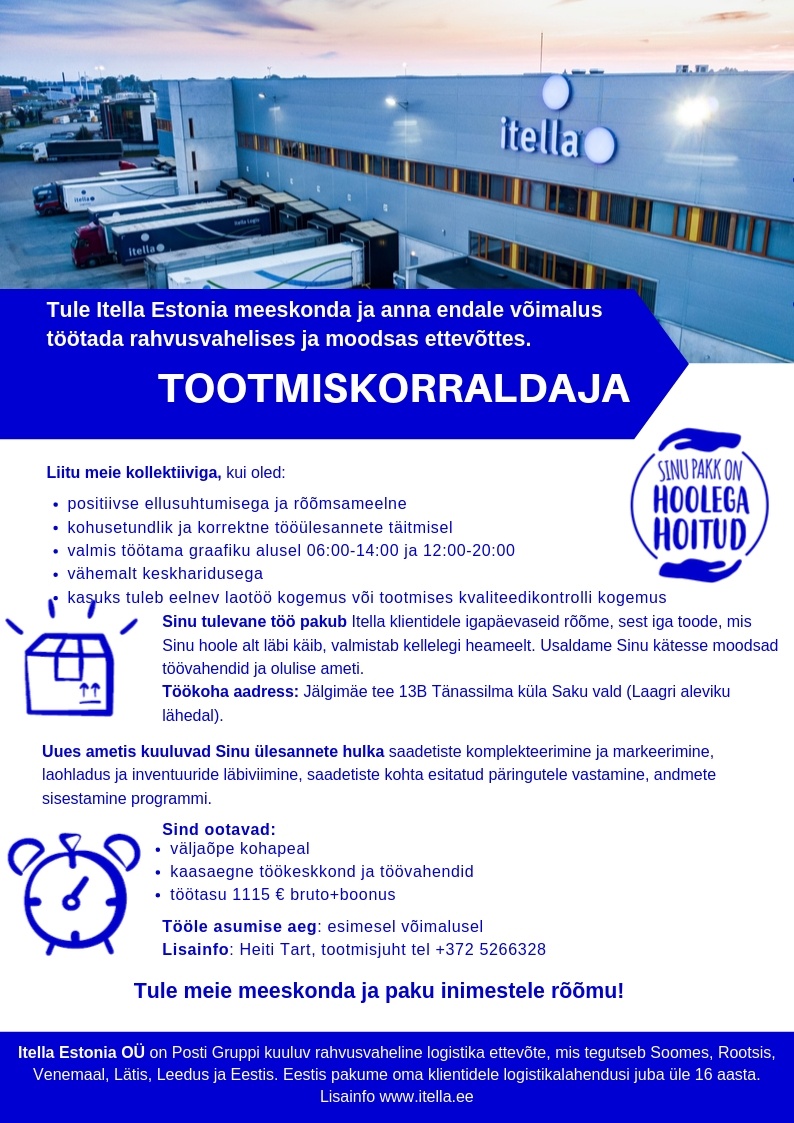 Itella Estonia OÜ Tootmiskorraldaja (Tänassilma küla, pakivedude terminal)