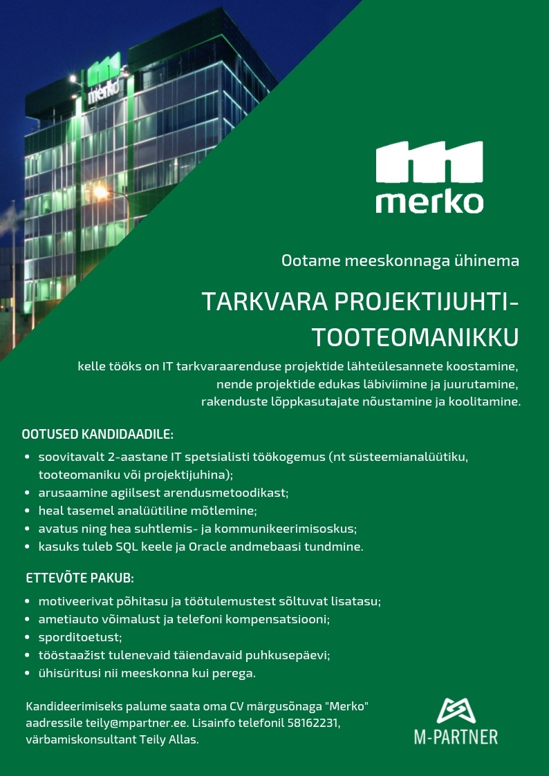 M-Partner HR OÜ Tarkvara projektijuht-tooteomanik
