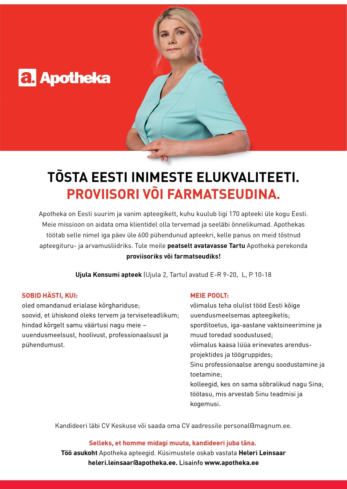 Apotheka Proviisor või farmatseut Tartu Apotheka Apteeki