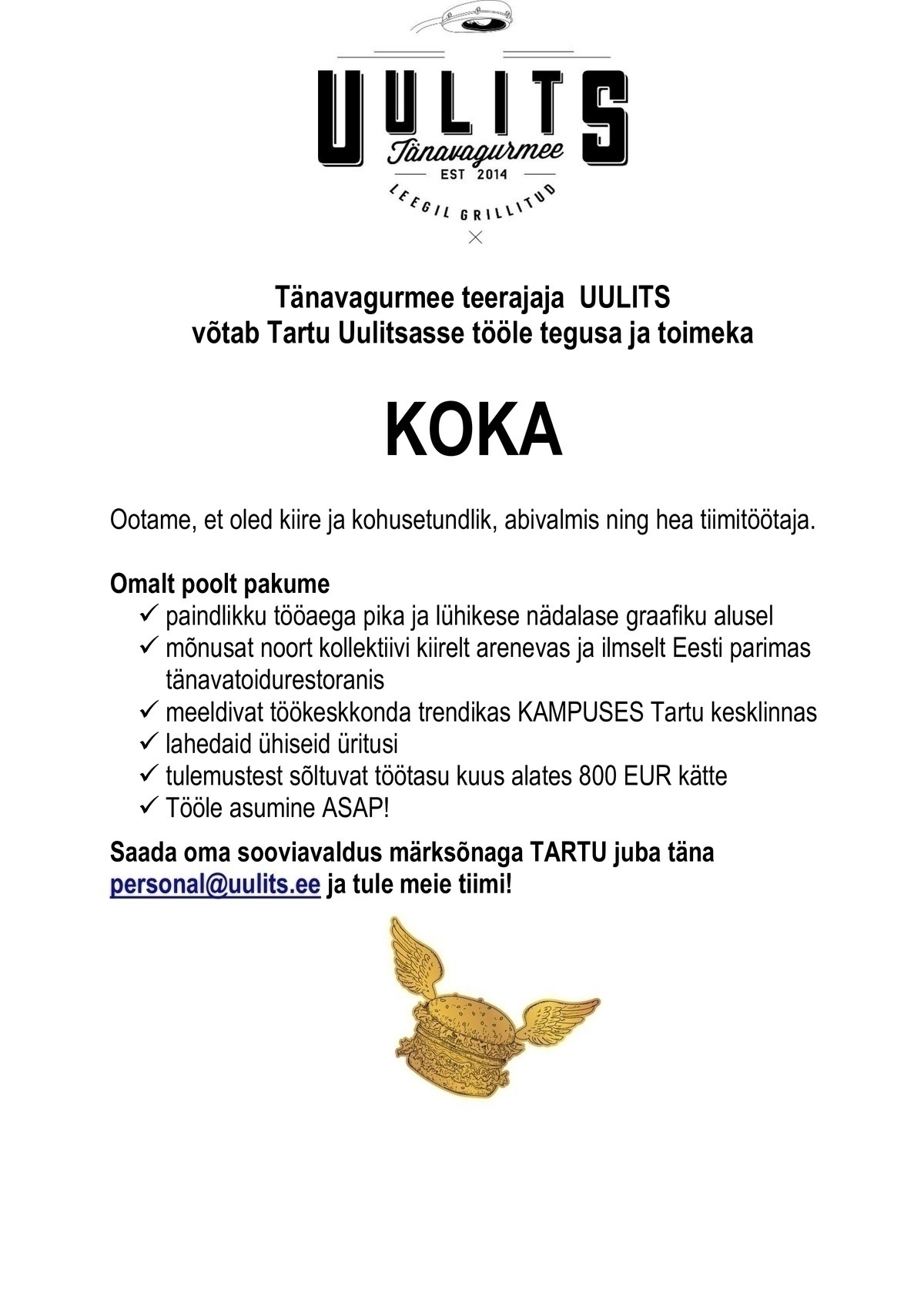 Uulits Tänavagurmee / OÜ Kaks Kokka Kokk Tartu Uulitsasse