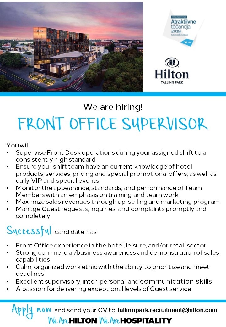 Hilton Tallinn Park Front Office Supervisor (Hilton Tallinn Park)