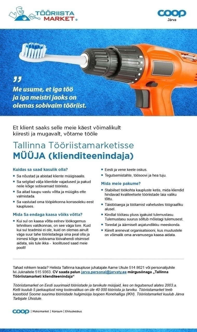 Tööriistamarket MÜÜJA-klienditeenindaja (Tallinna Tööriistamarket)