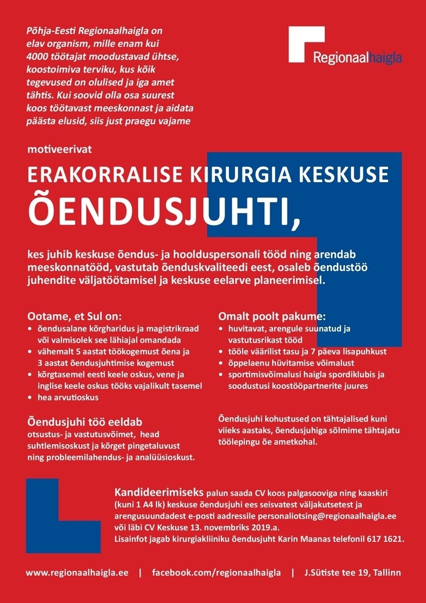 Põhja-Eesti Regionaalhaigla SA Õendusjuht erakorralise kirurgia keskusesse