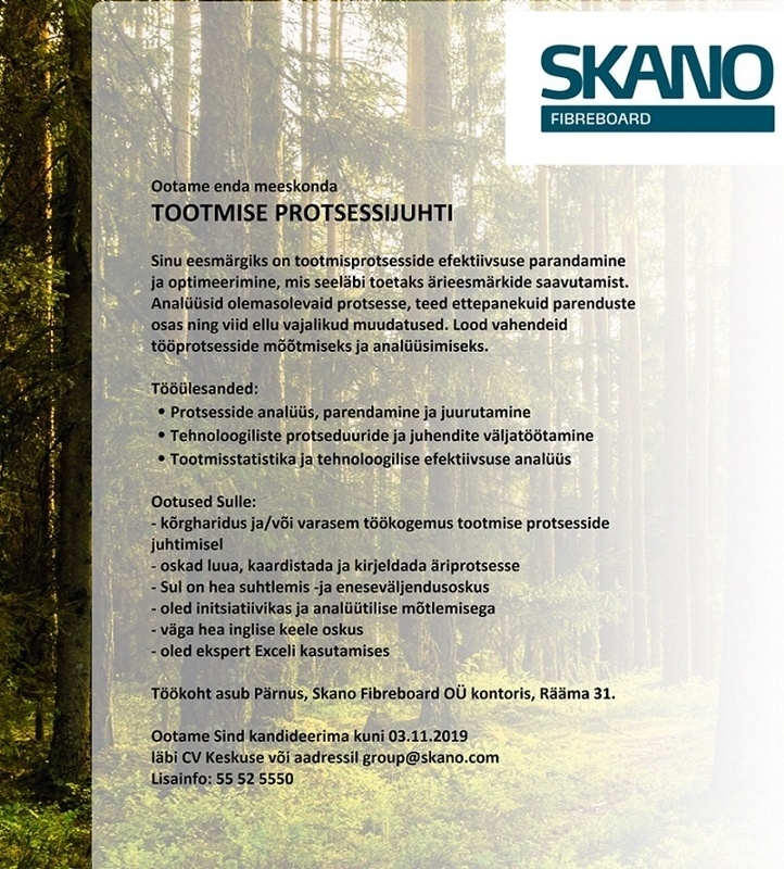Skano Group AS Tootmise protsessijuht