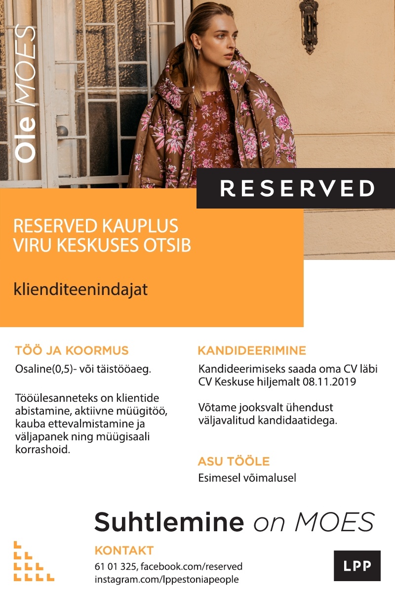 LPP Estonia OÜ Klienditeenindaja (osaline-ja täiskoormus) Viru RESERVED kauplusesse