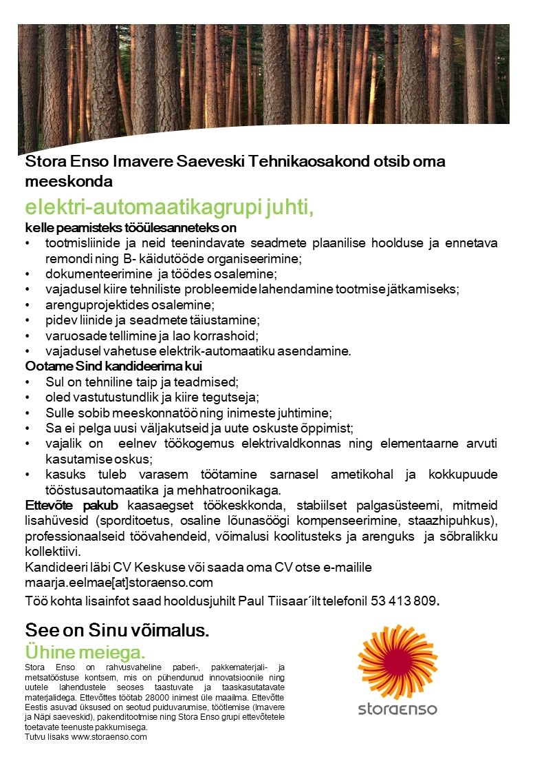 Stora Enso Eesti AS Elektri-automaatikagrupi juht