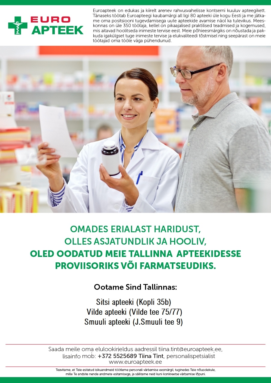 Euroapteek OÜ Proviisor või farmatseut  (Tallinn)