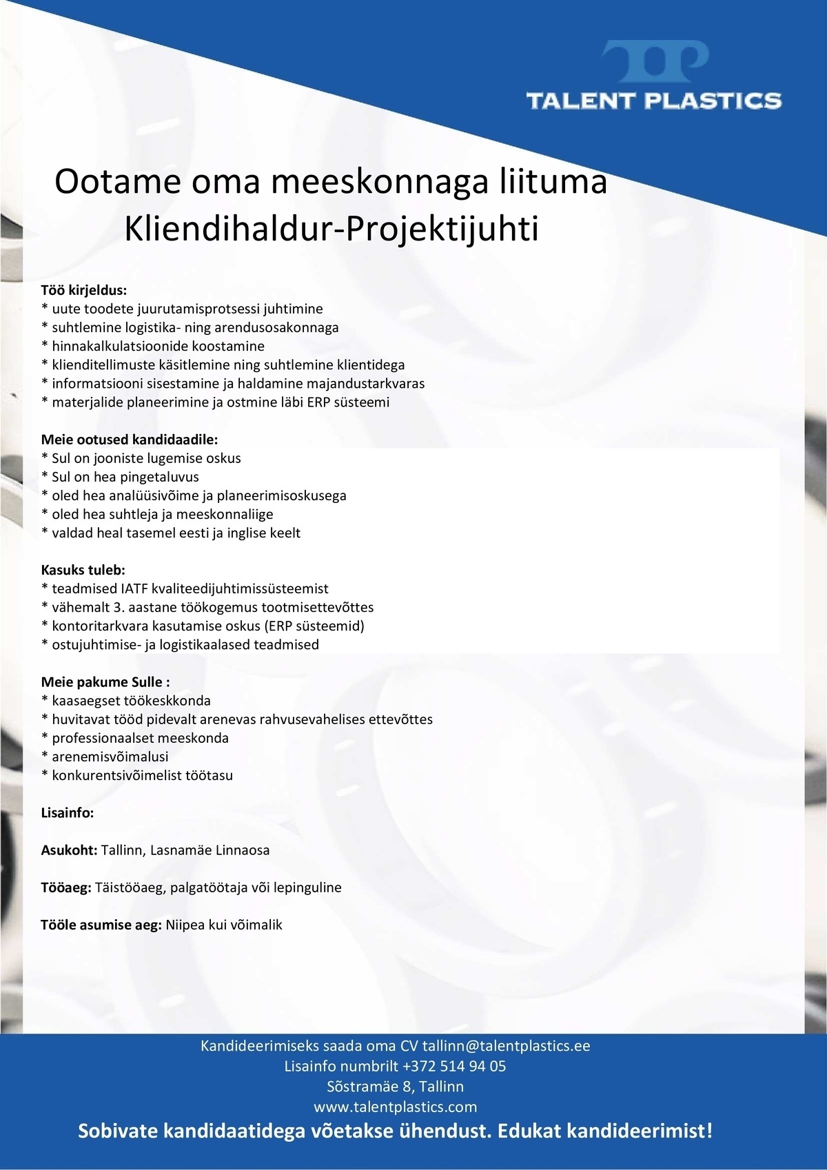 AS Talent Plastics Tallinn Kliendihaldur-projektijuht