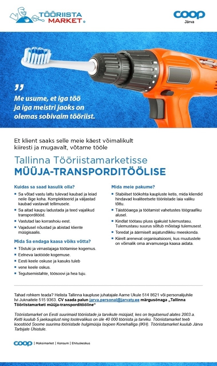 Tööriistamarket MÜÜJA-transporditööline (Tallinna Tööriistamarket)