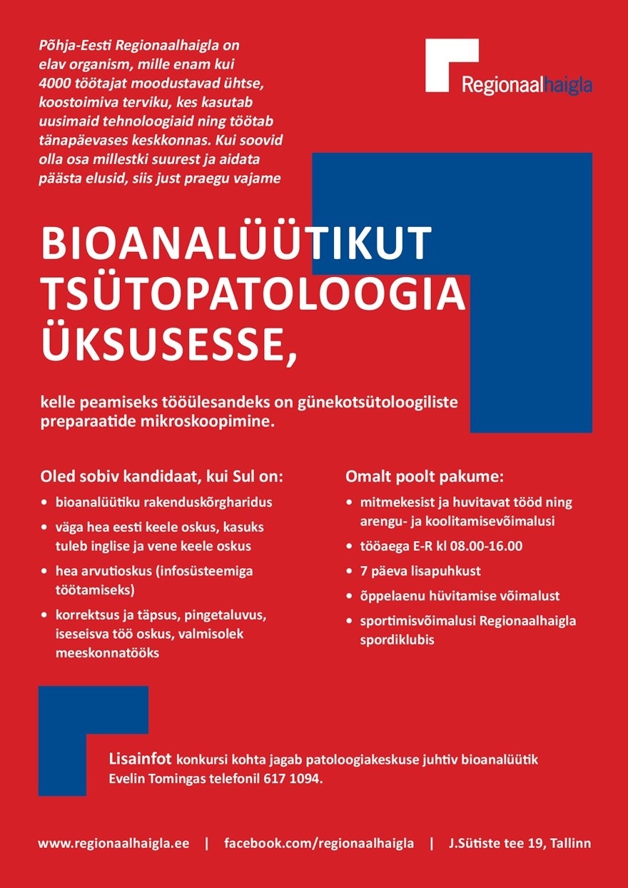 Põhja-Eesti Regionaalhaigla SA Bioanalüütik tsütopatoloogia üksusesse
