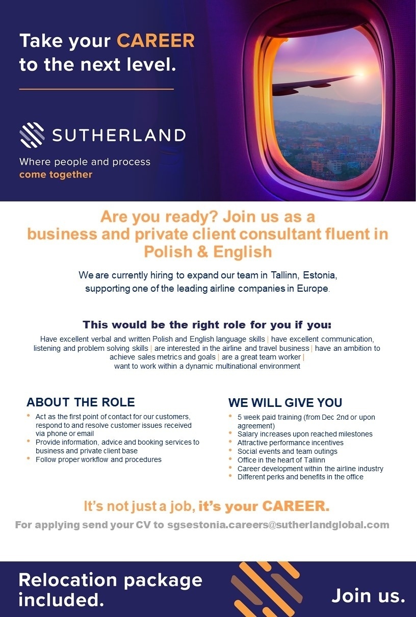 SUTHERLAND GLOBAL SERVICES OÜ Business and private client consultant fluent in Polish and English