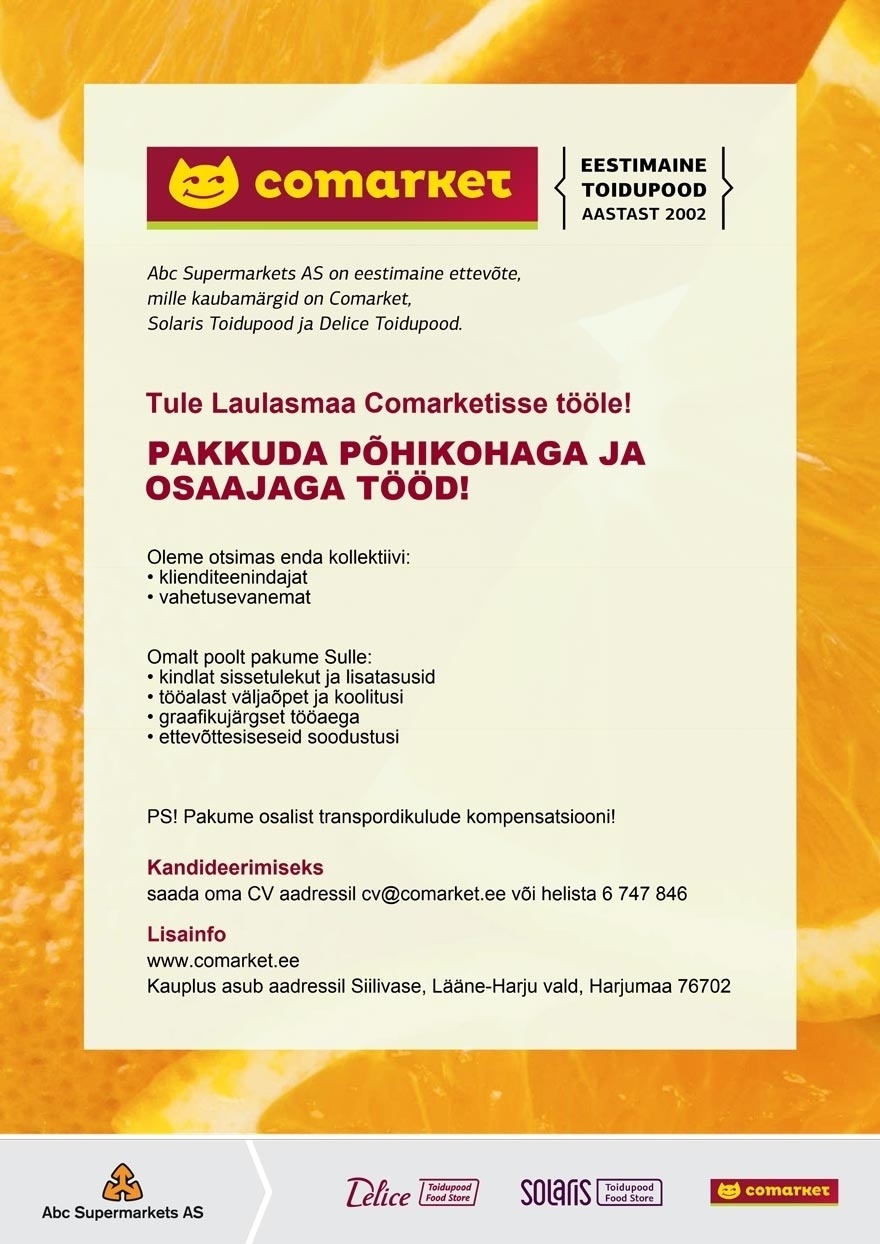 Abc Supermarkets AS Tule tööle LAULASMAA Comarketisse