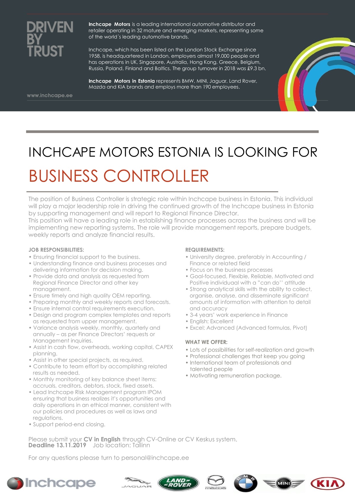 Inchcape Motors Estonia OÜ Business Controller