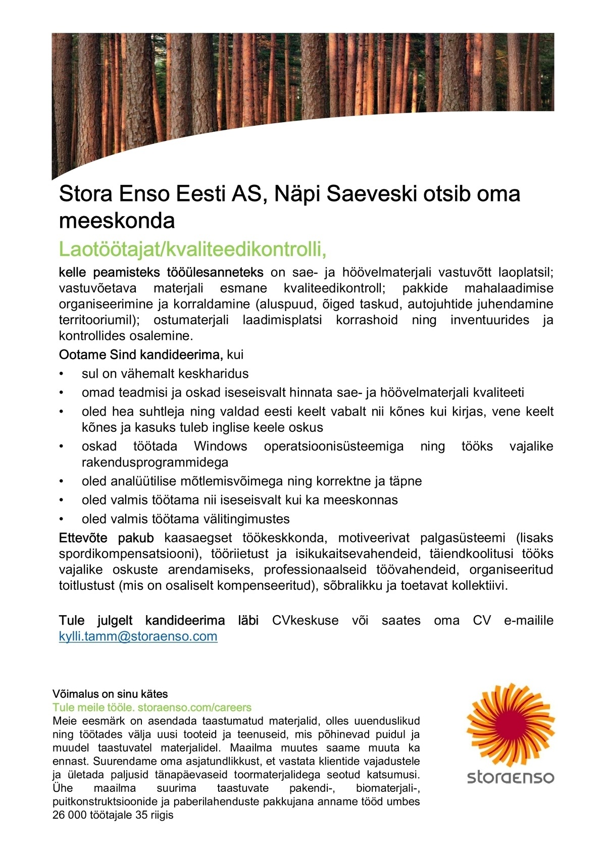 Stora Enso Eesti AS Laotöötaja/kvaliteedikontroll