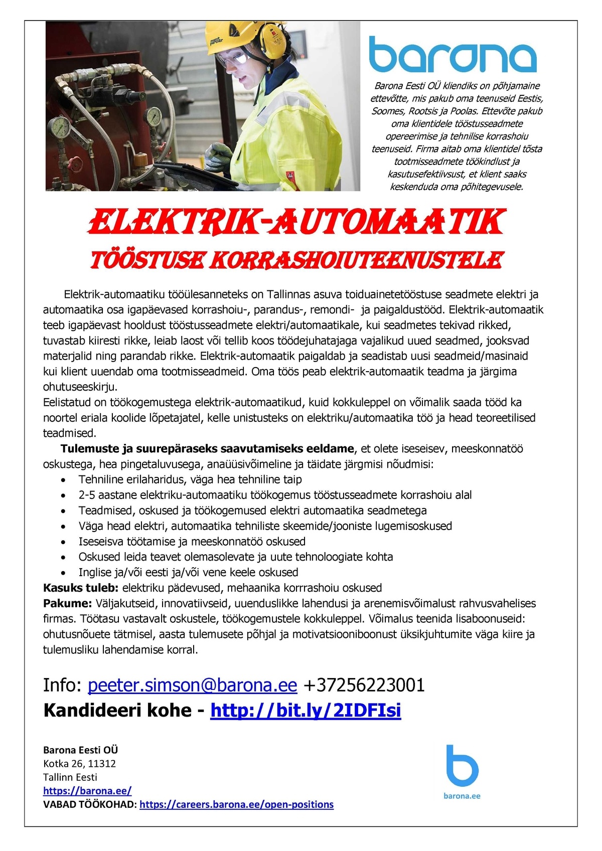 Barona Eesti OÜ Tööstusseadmete automaatik/elektrik 