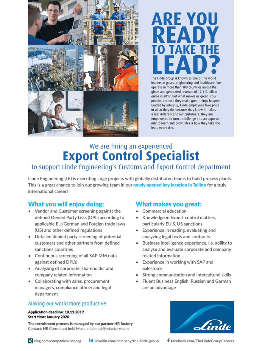 CV Keskus tööpakkumine Export Control Specialist, 2019-11-07