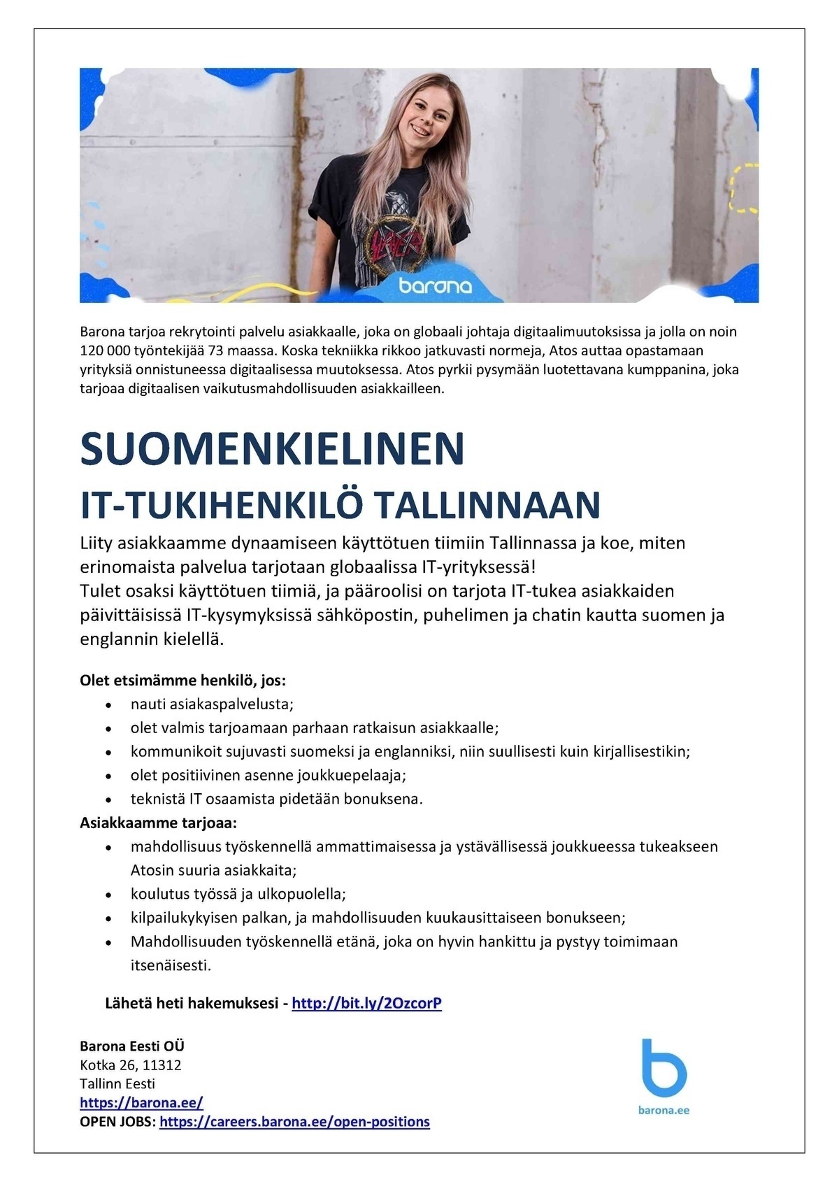 Barona Eesti OÜ Suomenkielinen IT-tukihenkilö Tallinnaan