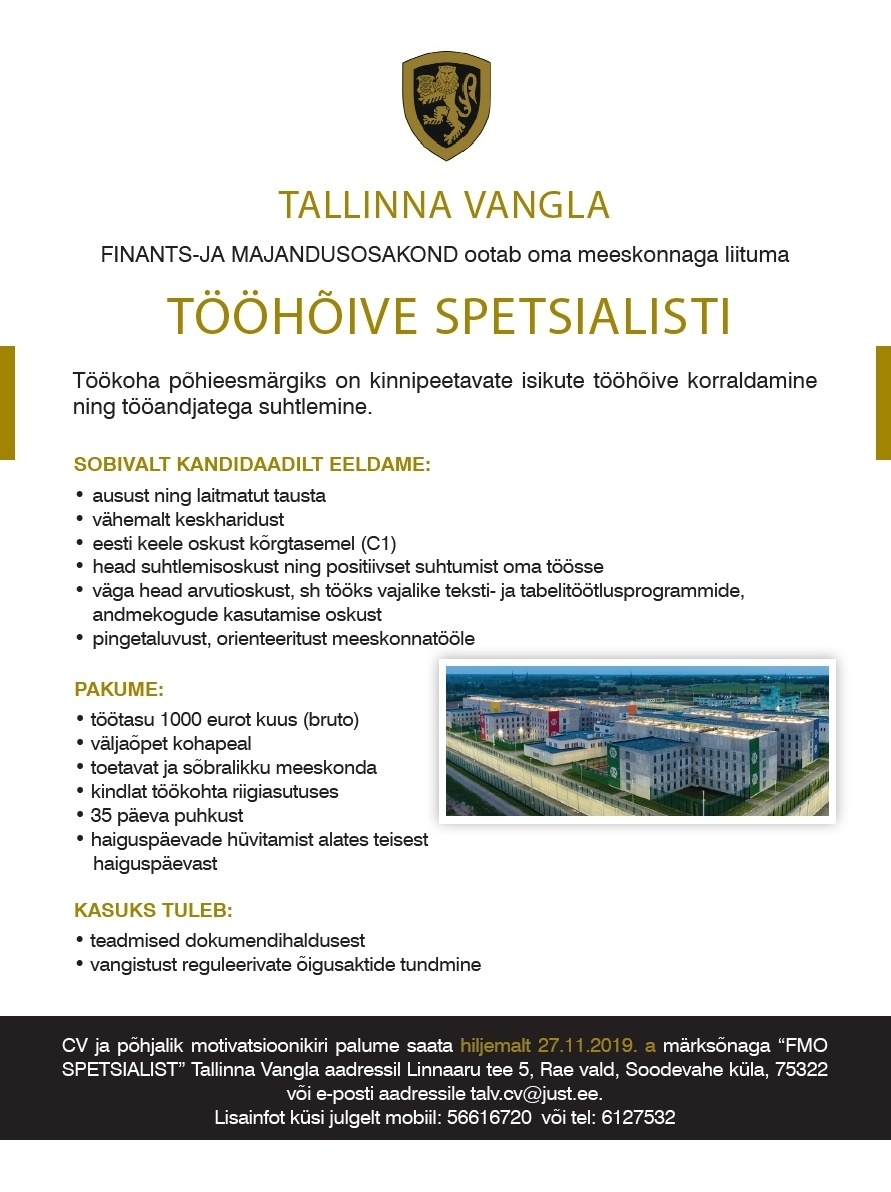 Tallinna Vangla Tööhõive spetsialist (finants- ja majandusosakond)