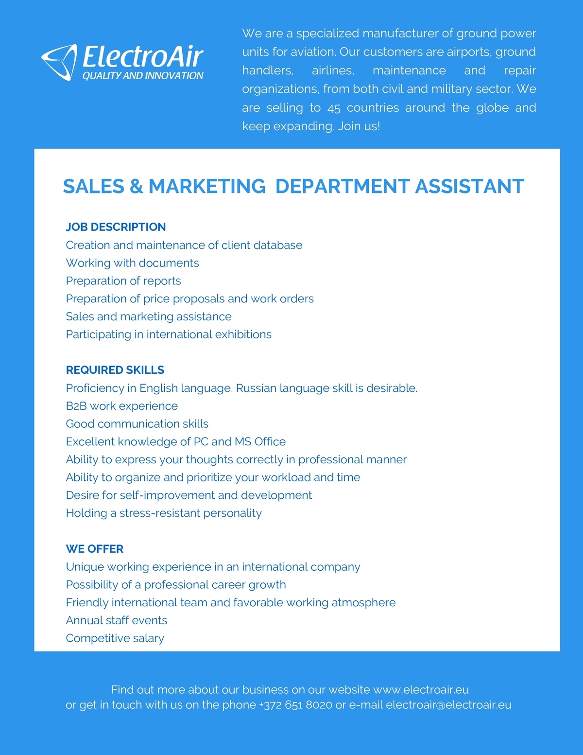 ELECTROAIR OÜ Sales & Marketing Department Assistant
