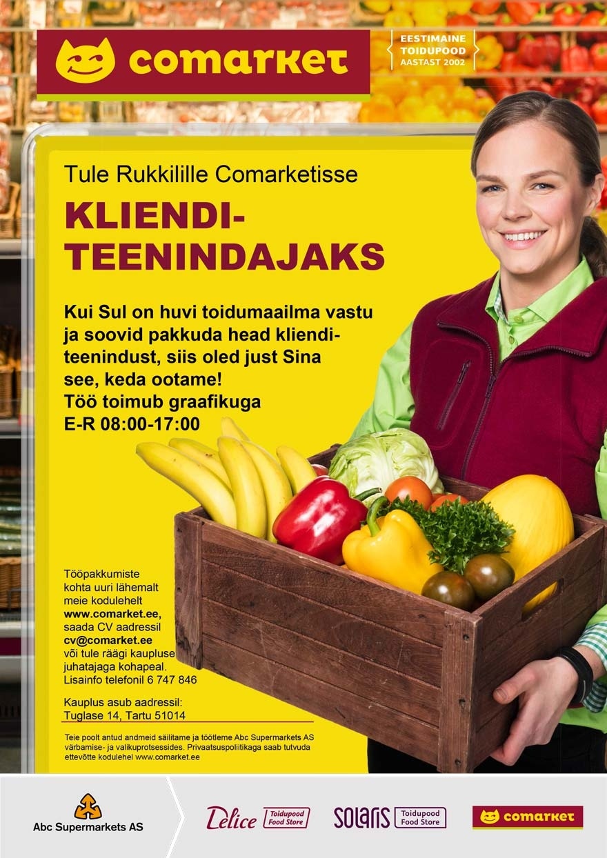 Abc Supermarkets AS KLIENDITEENINDAJA Tartu Rukkilille Comarketisse E-R 8:00-17:00