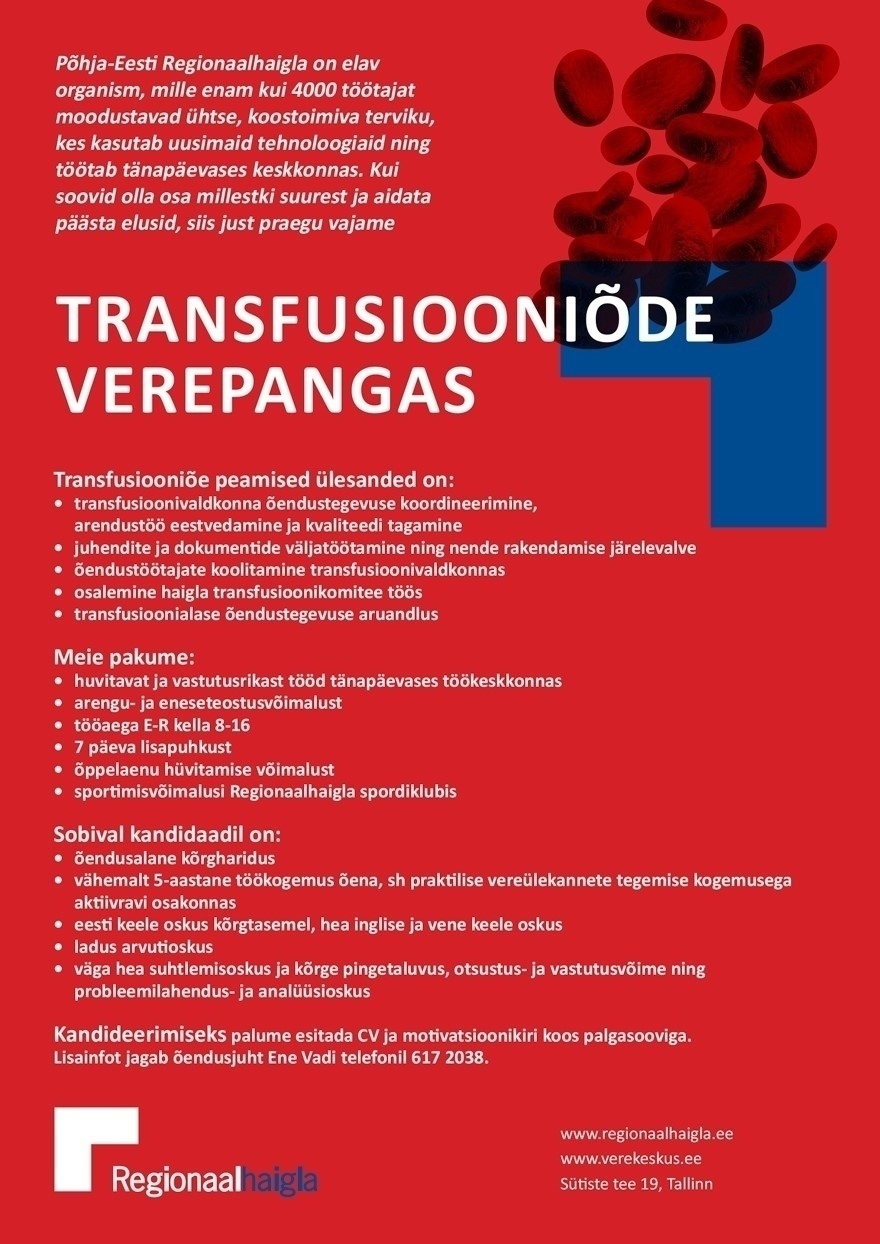 Põhja-Eesti Regionaalhaigla SA Transfusiooniõde verepangas
