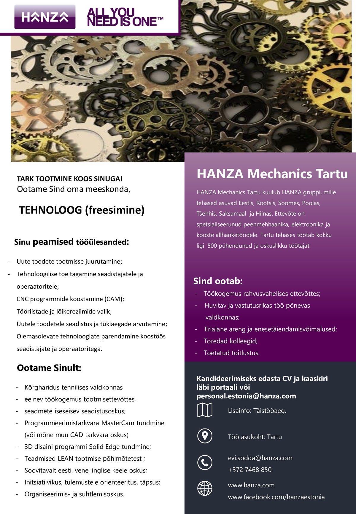 HANZA Mechanics Tartu AS Tehnoloog