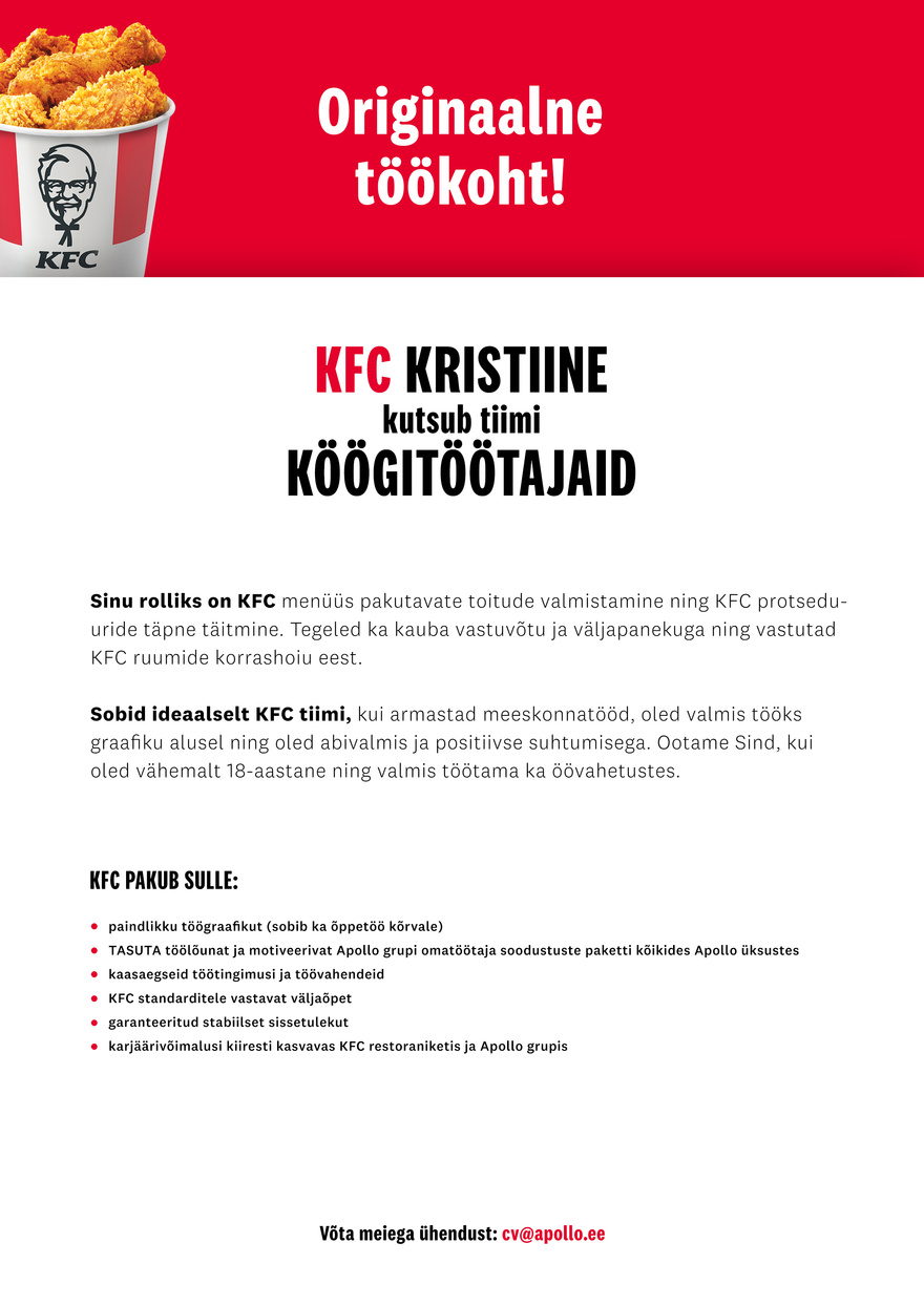 APL Fresh Food OÜ KFC Kristiine kutsub tiimi köögitöötajaid