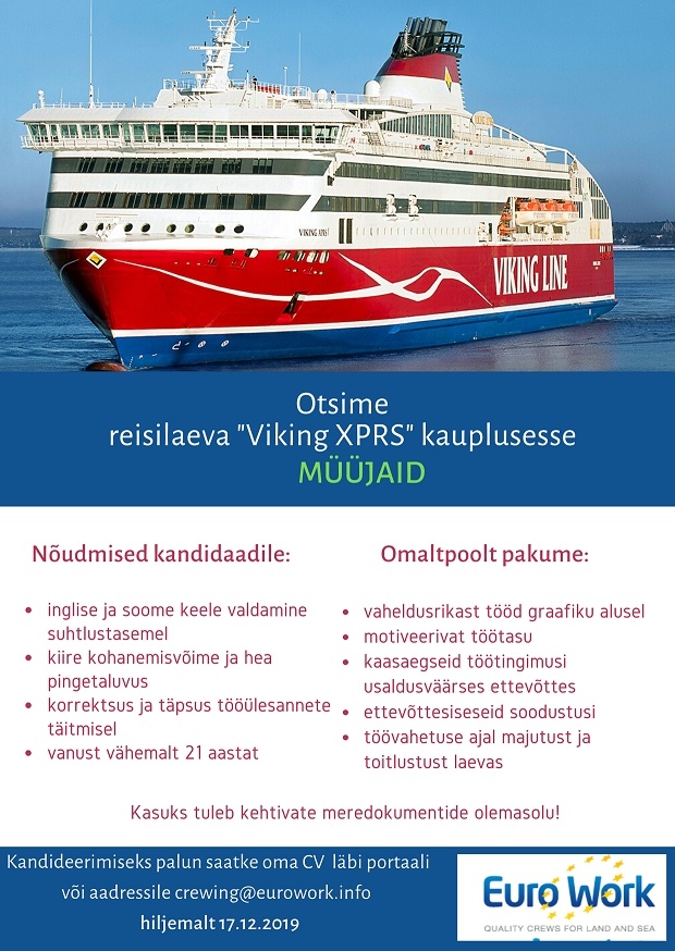 EURO WORK OÜ Müüja reisiparvlaevale "Viking XPRS" laevakauplusesse