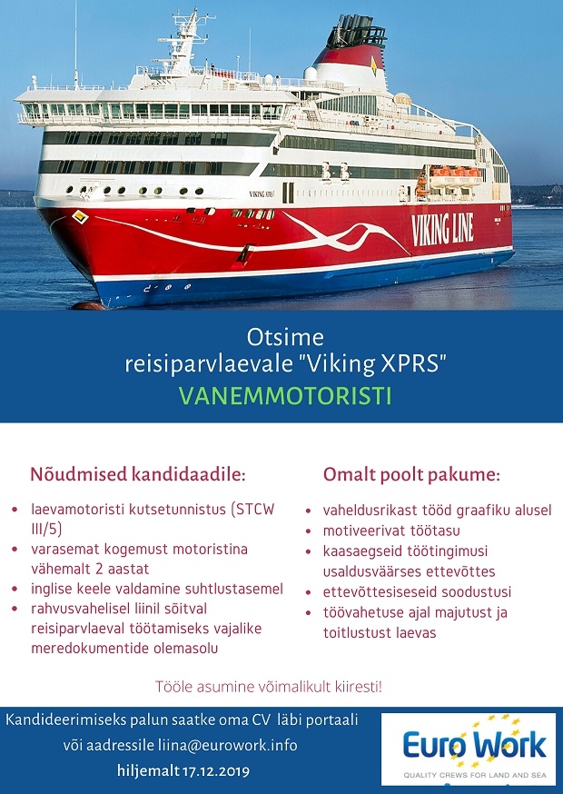 EURO WORK OÜ Vanemmotorist reisiparvlaevale "Viking XPRS" 