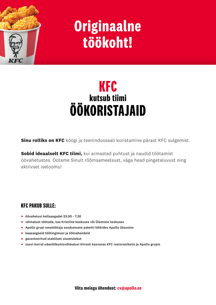 APL Fresh Food OÜ KFC kutsub tiimi ÖÖKORISTAJAID