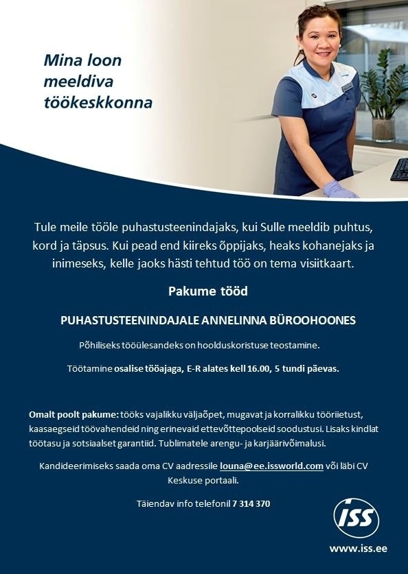 ISS Eesti AS Puhastusteenindaja büroopinnale Tartus Annelinnas
