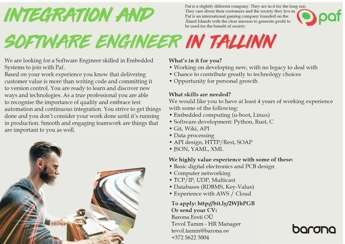 Barona Eesti OÜ Integration and Software Engineer