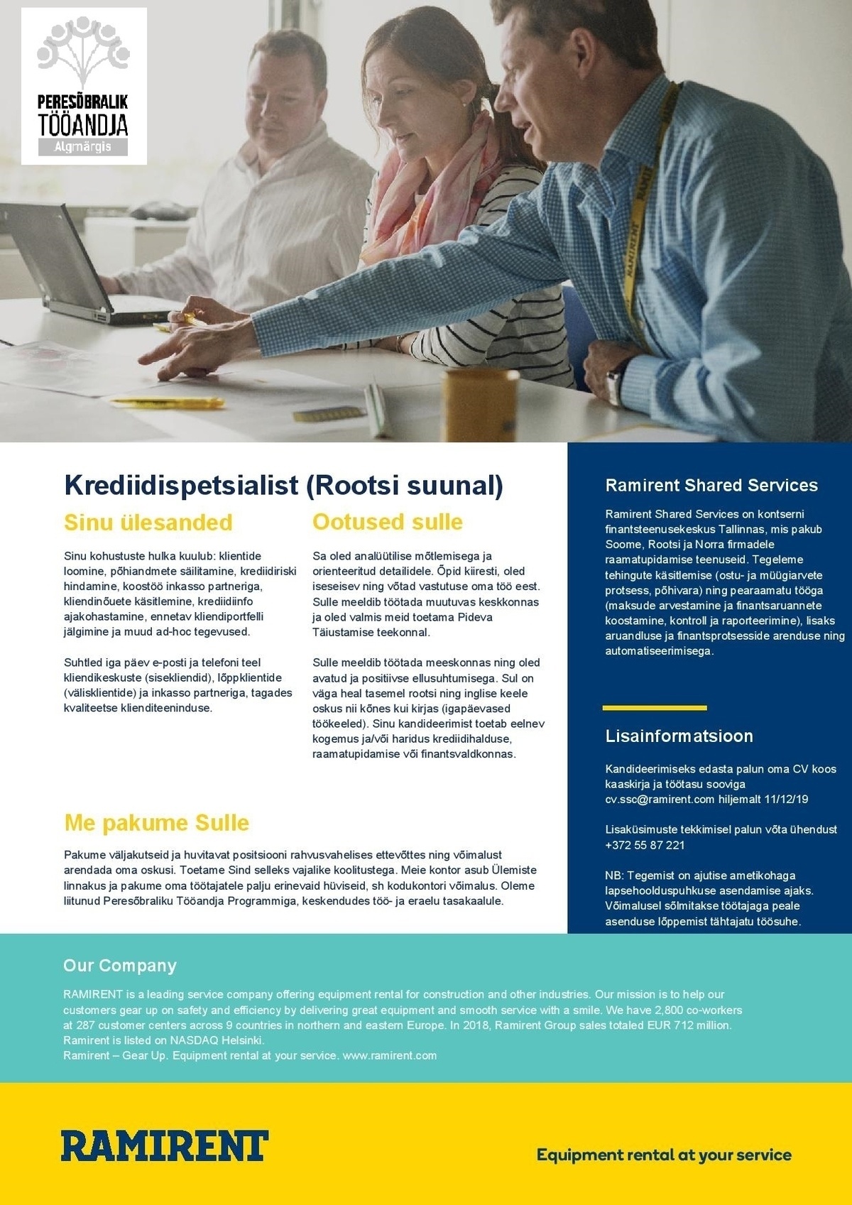 Ramirent Shared Services AS Krediidispetsialist (rootsi suunal)