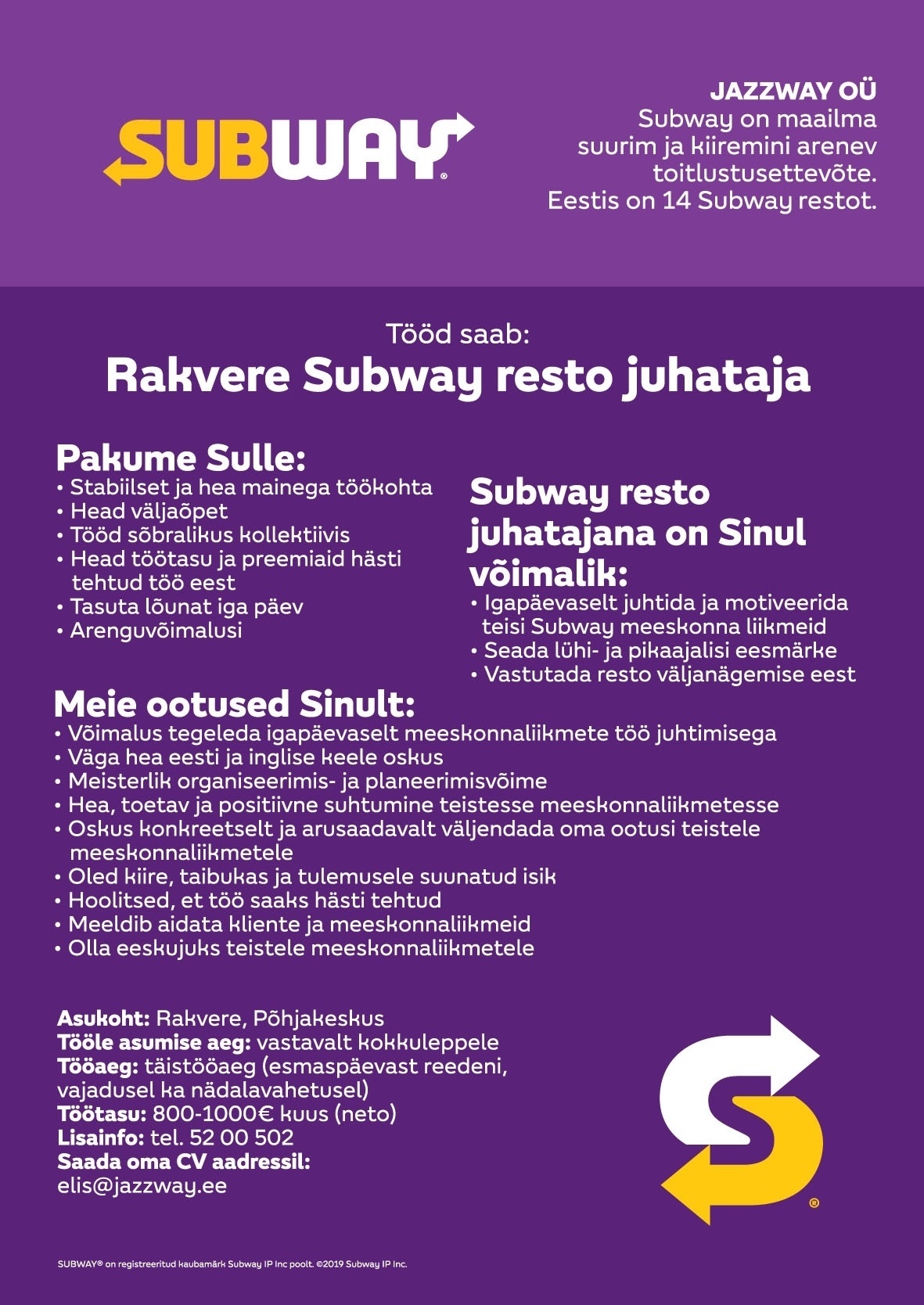 Jazzway OÜ Rakvere Subway resto juhataja