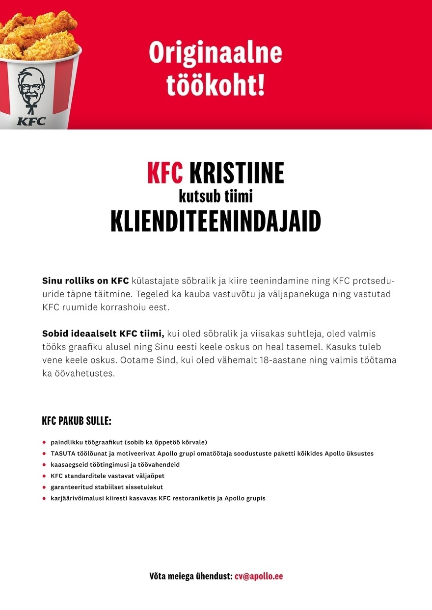 APL Fresh Food OÜ KFC Kristiine kutsub tiimi klienditeenindajaid
