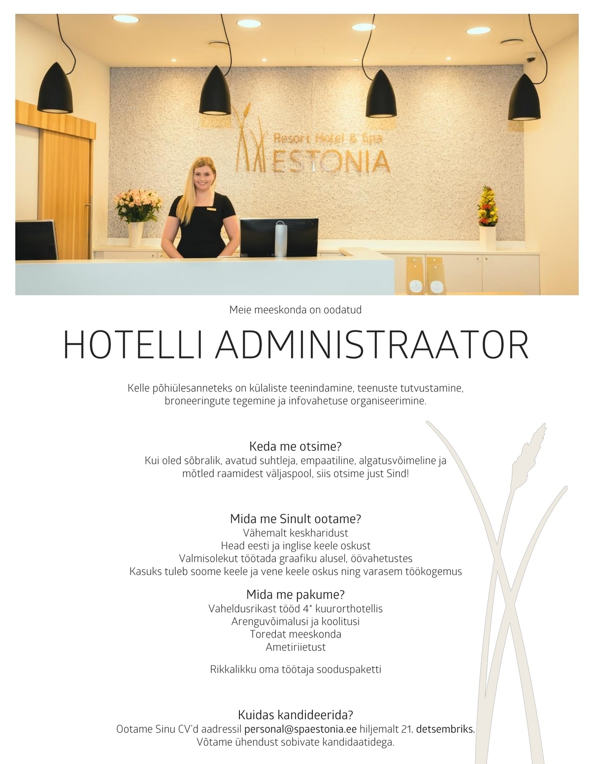 Estonia Spa Hotels AS Vastuvõtuadministraator